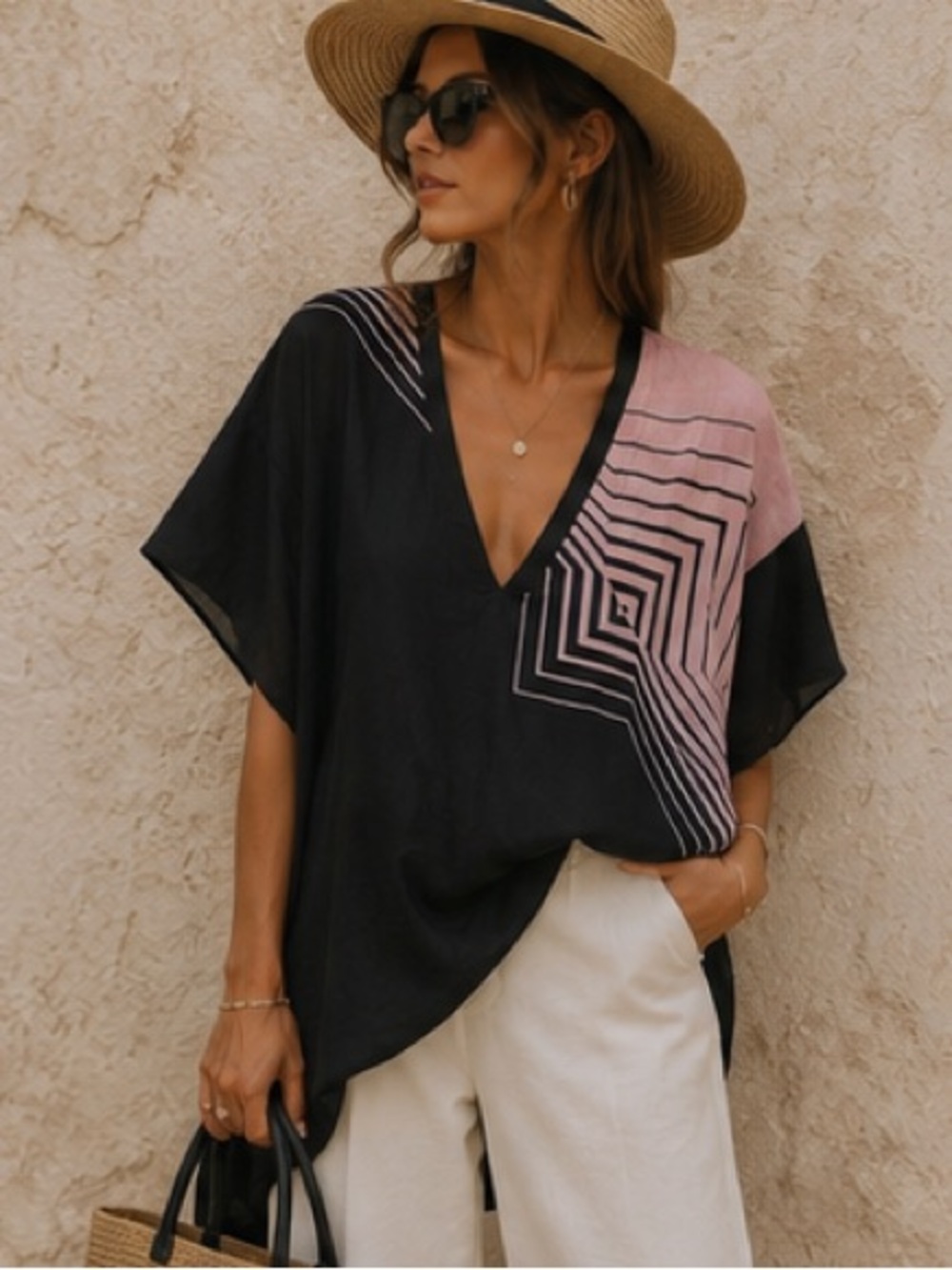 Lise Charmel 100% Silk Resort Cover Up Kaftan Tunic Pink Black Geometric Print
